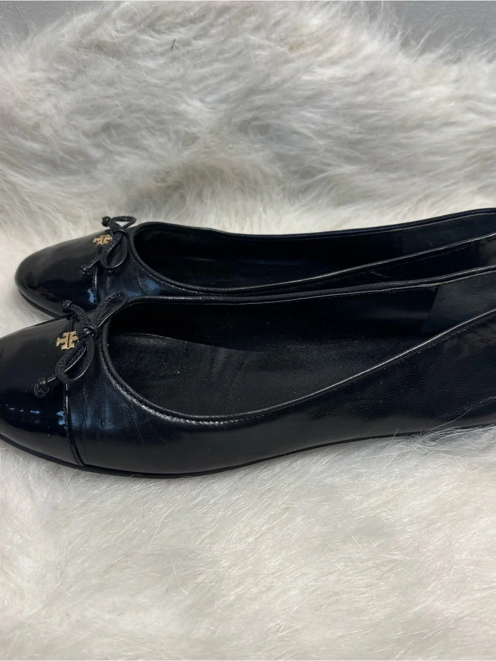 Tory Burch Patent Leather Cap Toe Bow Ballet Flats in Perfect Black 7.5